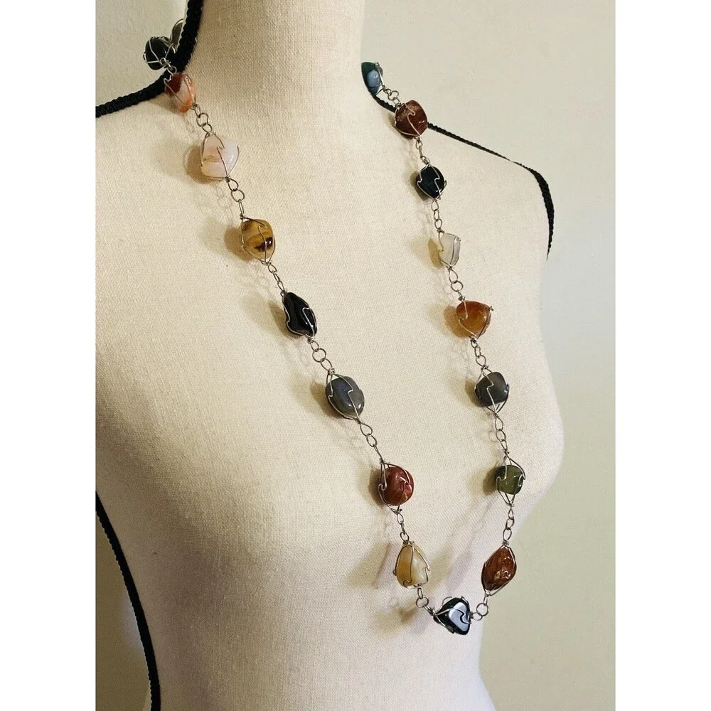 Vintage 33 Inch Artisan Wire-Wrapped Gemstone Cage Necklace Boho Festival Earthy